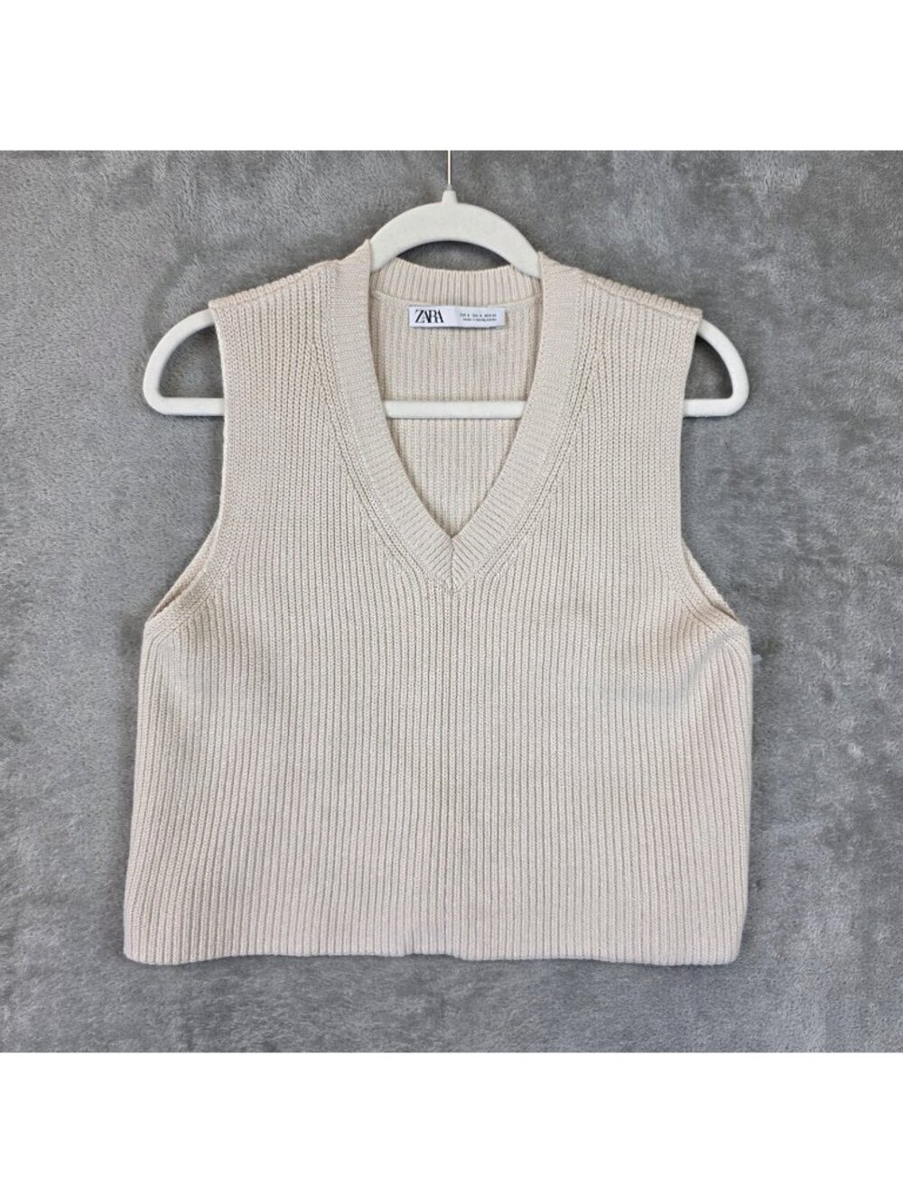 Zara Sweater Vest Womens S Beige Cotton Viscose V Neck Sleeveless Tight Knit - Picture 1 of 9